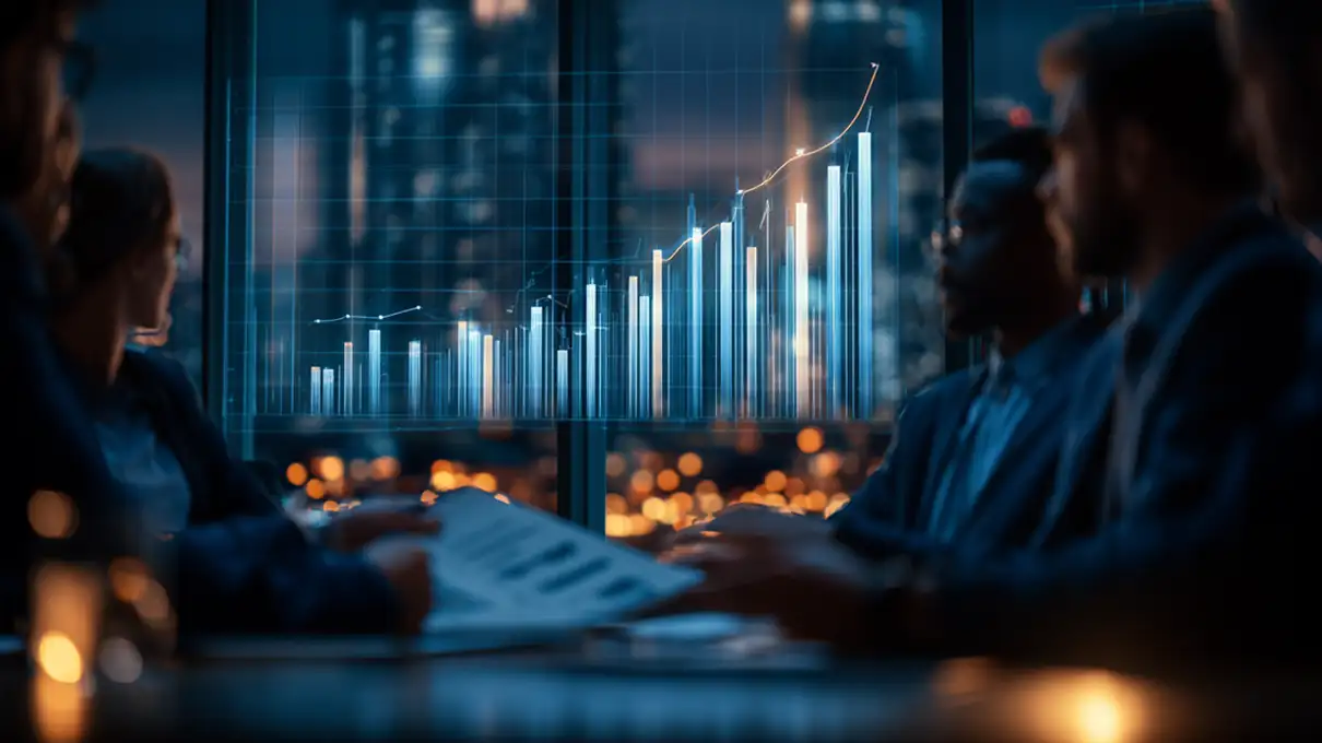 Gruppo di consulenti analizza grafici finanziari digitali con trend in crescita durante una riunione aziendale