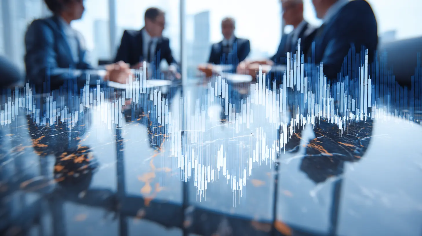 Gruppo di consulenti seduti attorno ad una scrivania che analizzano documenti, icone di dati finanziari sopra