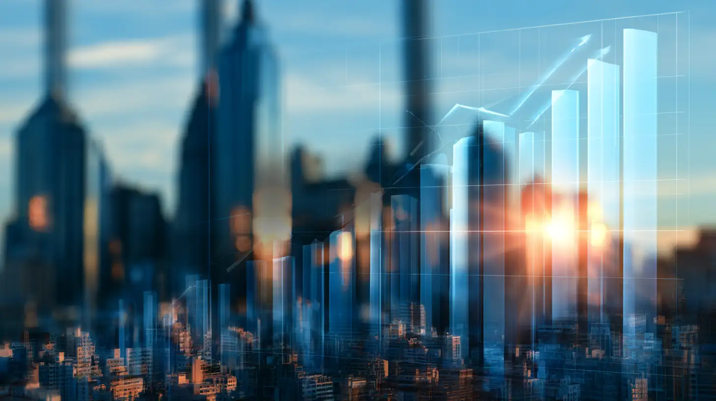 Skyline di una città moderna e sopra in trasparenza un grafico finanziario