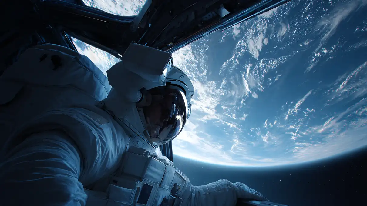 Astronauta su una navicella spaziale che guarda la Terra da un oblò.
